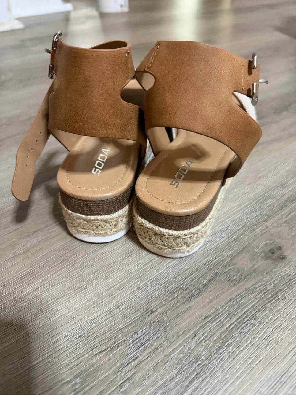 Soda Beige Canvas Espadrille Platform Sandals with Tan Straps